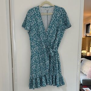 Elegant Teal Floral Wrap Mini Dress